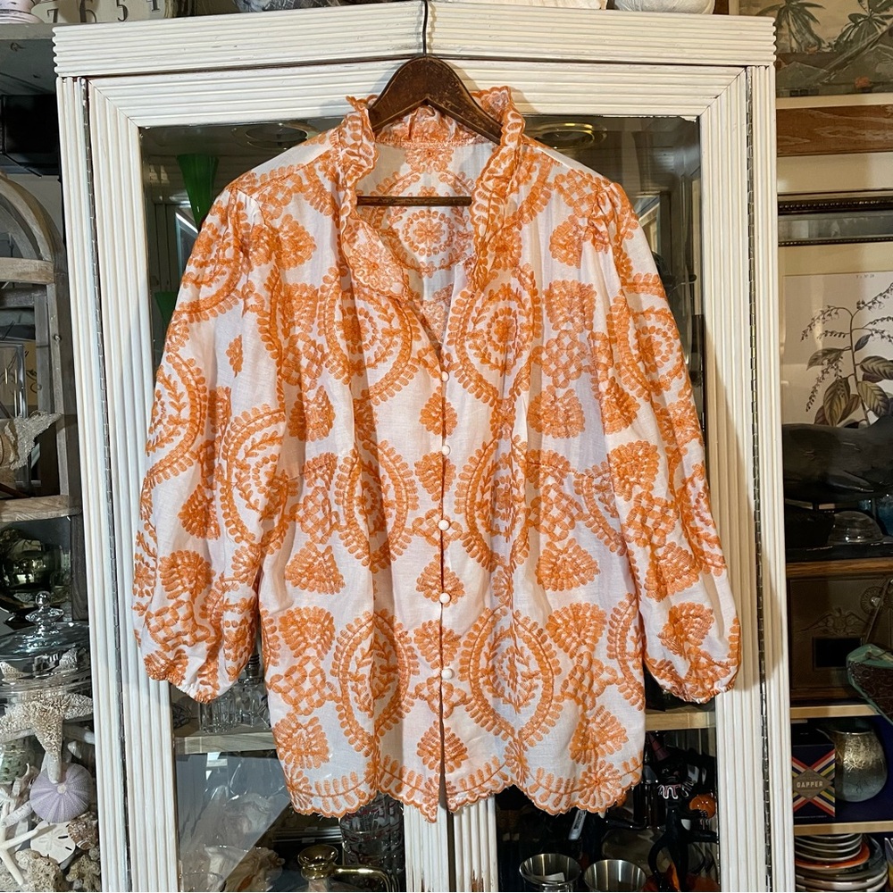 Orange & White puffy sleeve ruffle collar blouse 3XL
